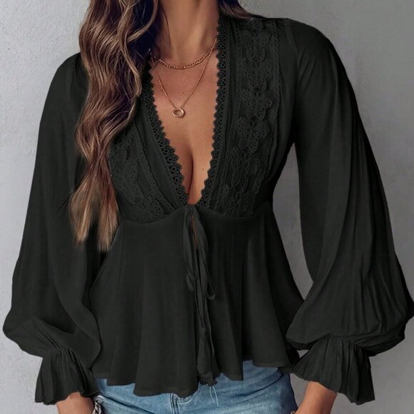 Tops - Black Boho Women's Casual Lace Patchwork Ruffle Sleeve Blouse